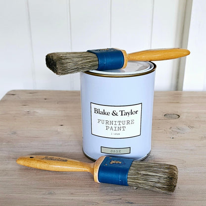 Blake & Taylor Chalk Furniture Paint 45mm natural bristle brushes displayed with a paint tin