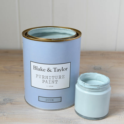 1 litre tin and 120ml pot of Blake & Taylor Duck Chalk Furniture Paint