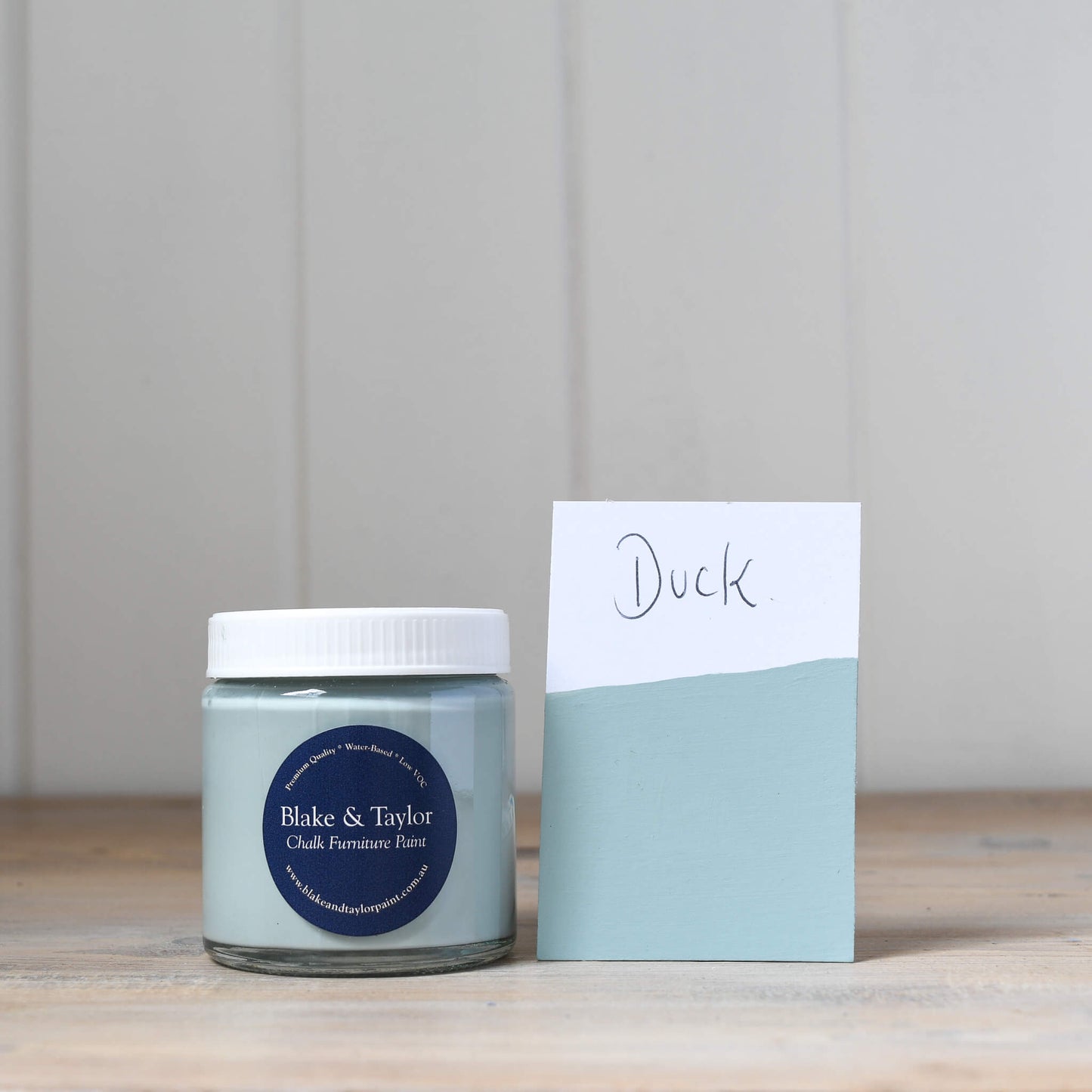 120ml pot of Blake & Taylor Duck Chalk Furniture Paint and colour swatch