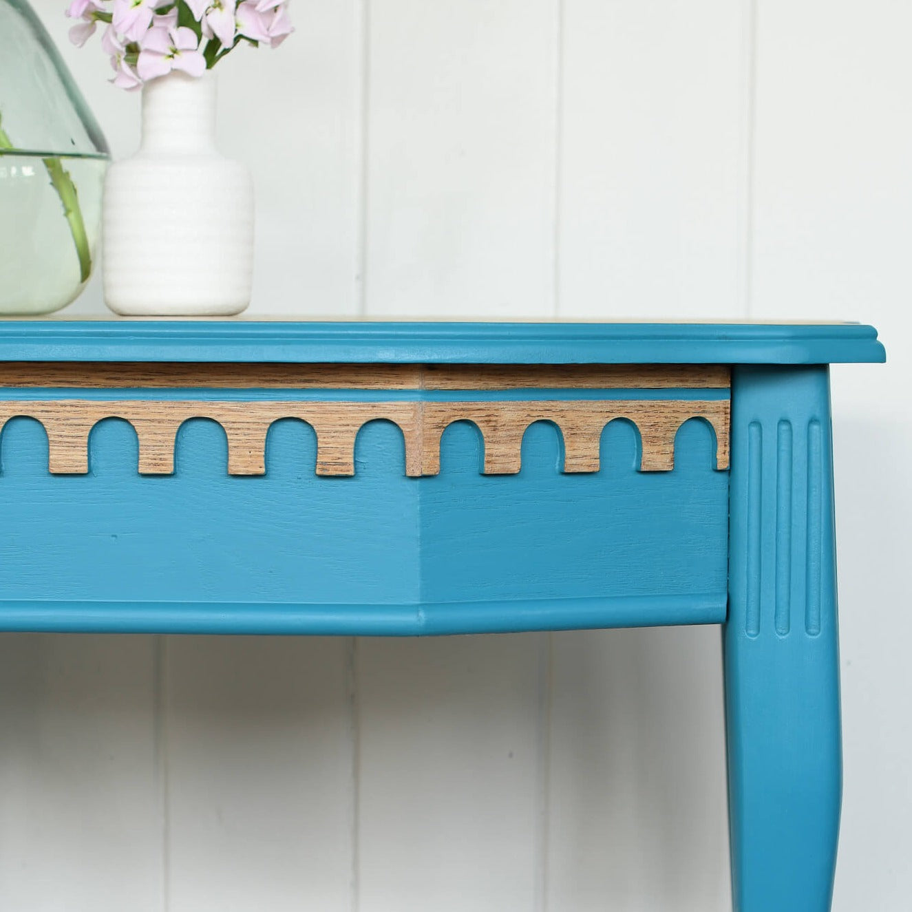 Close up of small vintage table painted with Blake & Taylor Marine Chalk Furniture Paint