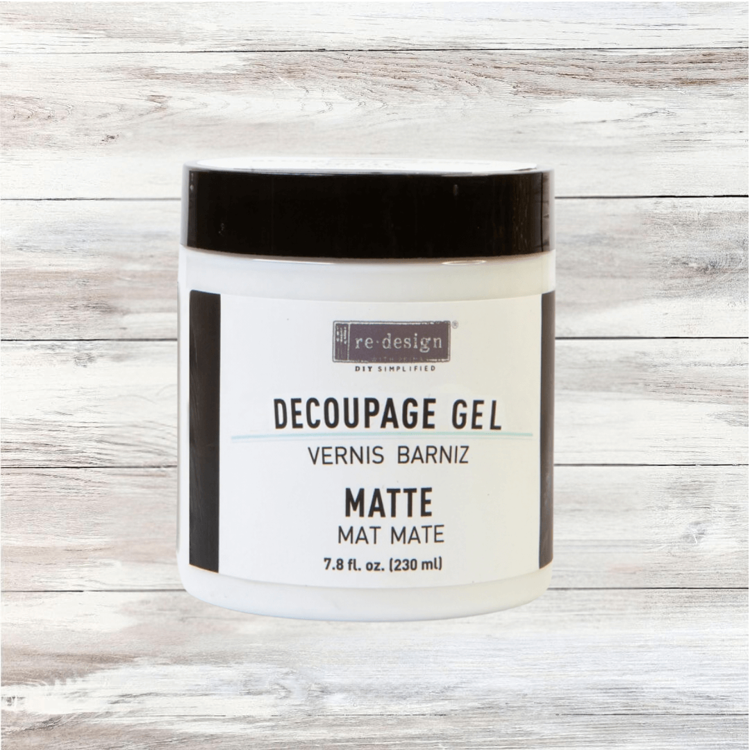 230ml jar of Re·design with Prima Decoupage Gel in Matte Finish. Clear adhesive and topcoat for furniture upcycling and paper crafts.