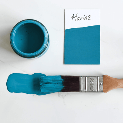 colour swatch and paint brush dipped in 120ml pot of Blake & Taylor Marine Chalk Furniture Paint