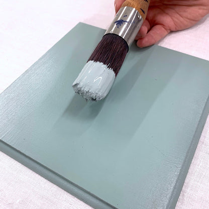 Paint brush and timber swatch painted with  Blake & Taylor Duck Chalk Furniture Paint