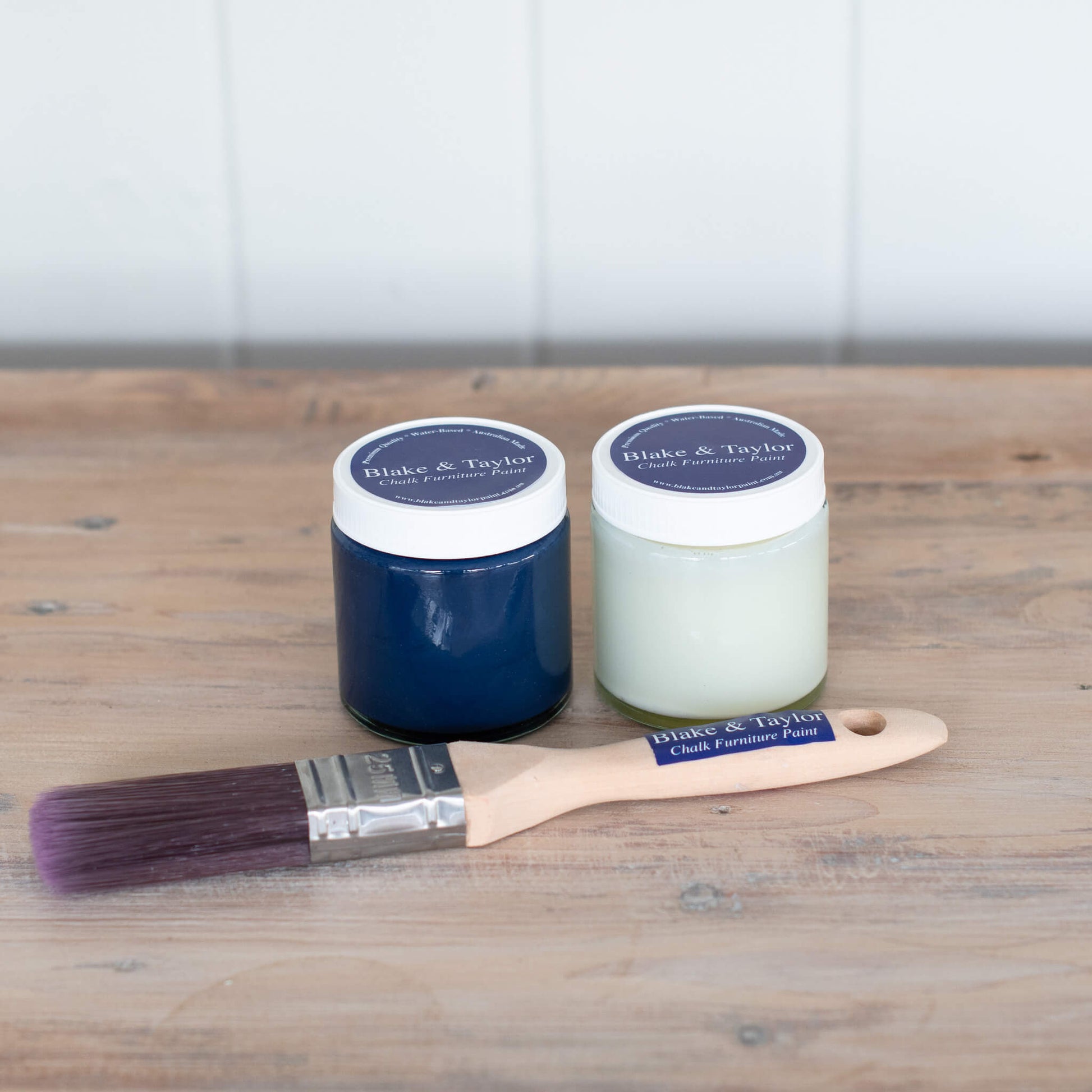 Pot of 120ml Ink Navy and 120ml Clear Top Coat in the Blake & Taylor Chalk Furniture Paint Sample Kit