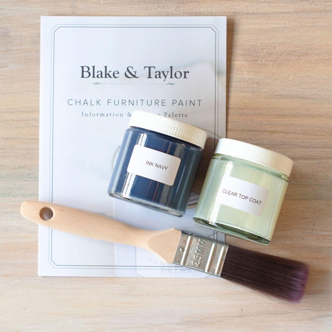 Small pots of paint and paintbrush part of the Blake & Taylor Chalk Furniture Paint Sample Kit