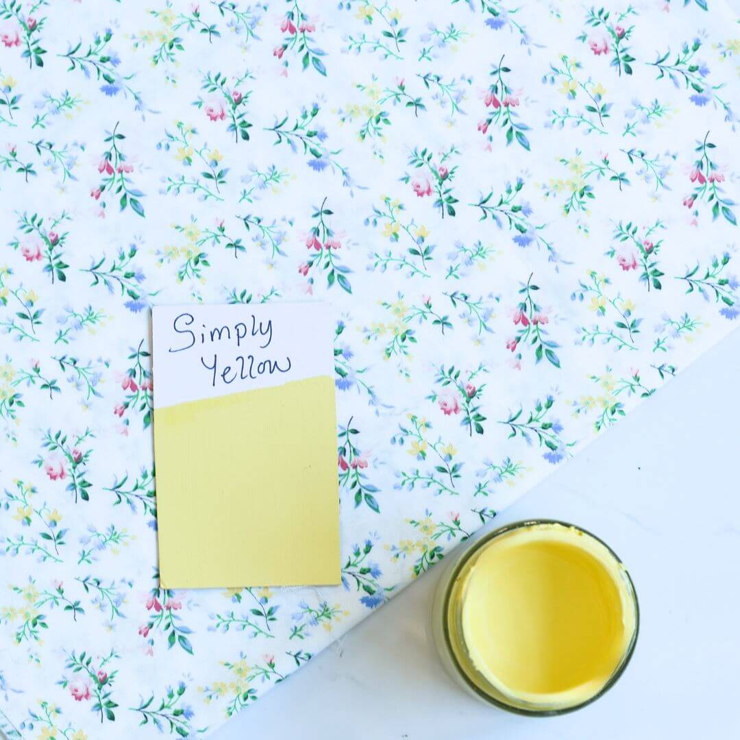 Fabric mood board with 120ml pot and colour swatch of Blake & Taylor Simply Yellow Chalk Furniture Paint