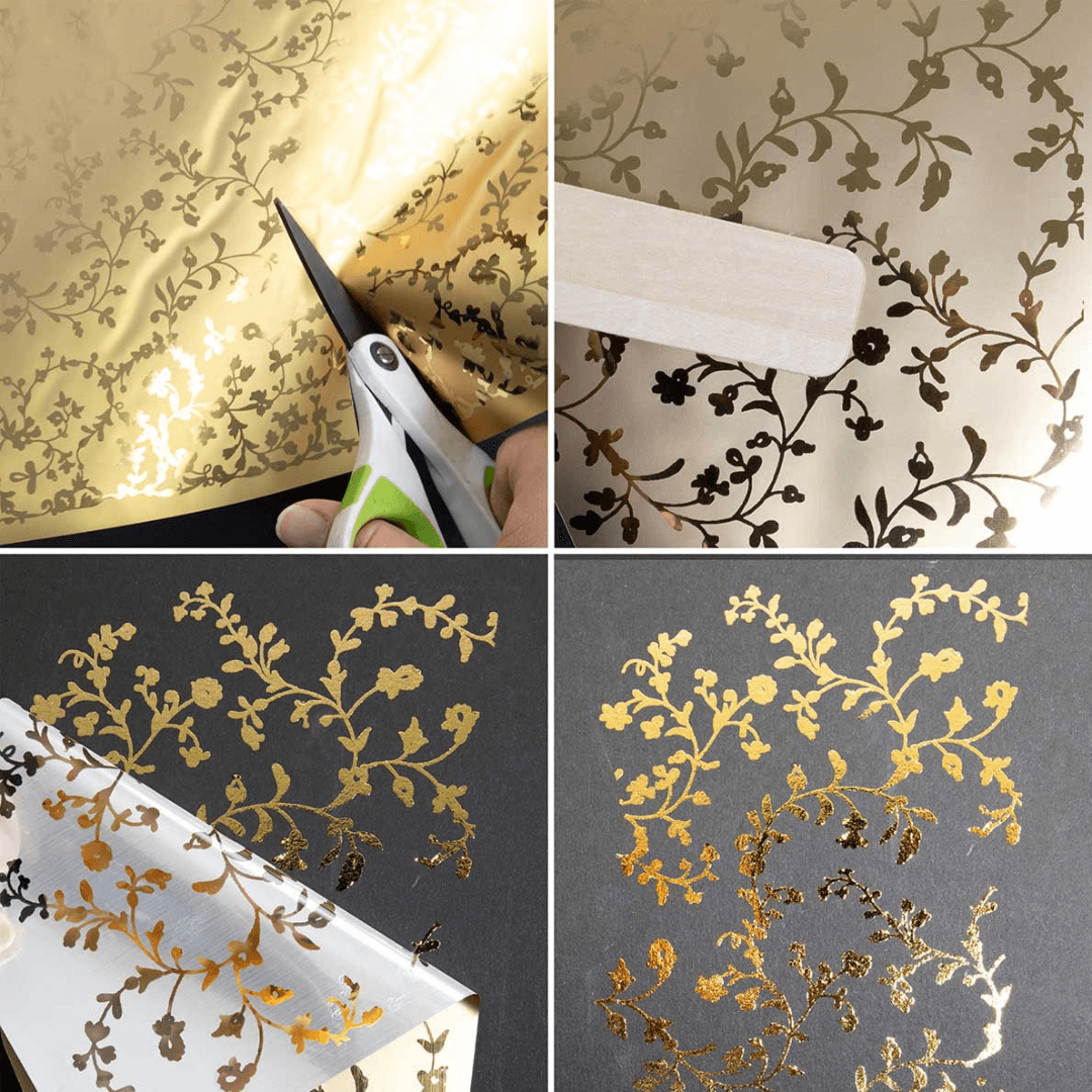 Collage of a person applying gold floral wallpaper with scissors and a smoother.