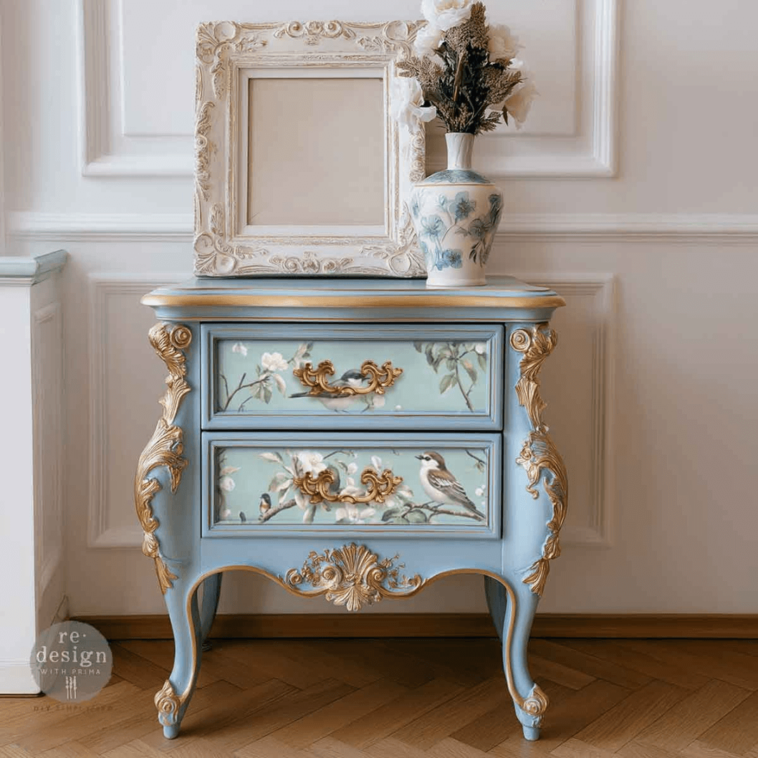 set of drawers with Decoupage paper with white blossom and birds