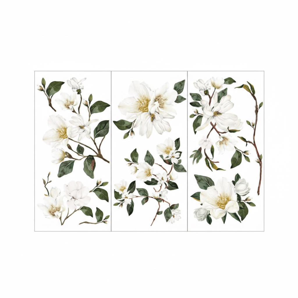 Set of three floral designs with white flowers and green leaves on a white background