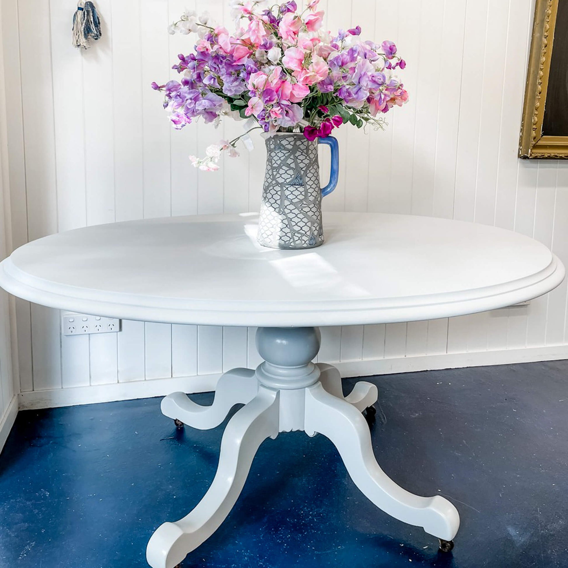 Vintage round table painted Blake & Taylor Dove Grey Chalk Furniture Paint