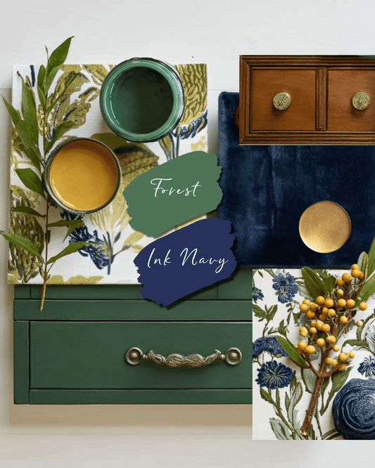 Flat lay mood boeard with Forest and Ink Navy Chalk Furniture Paint