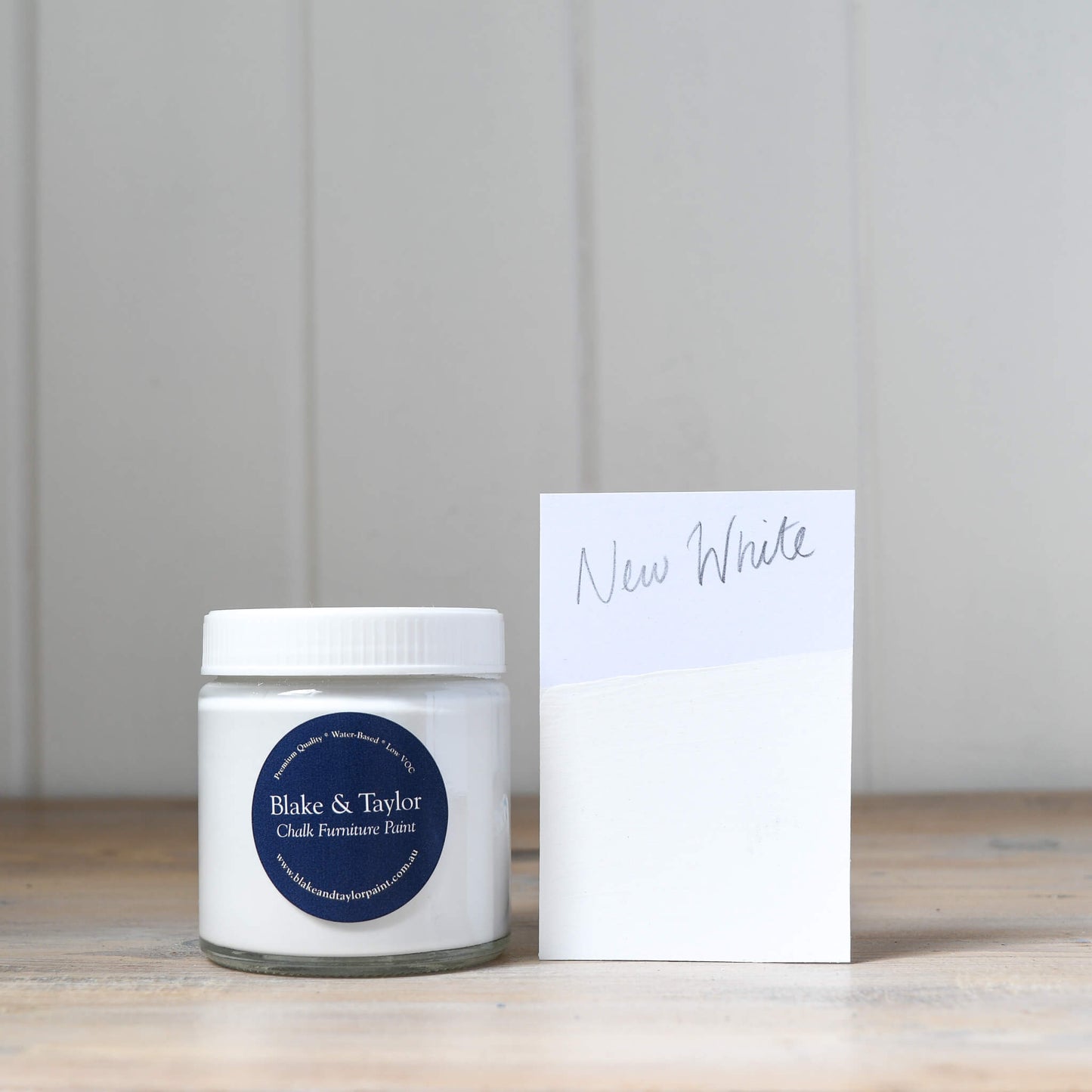 120ml pot of New White Blake & Taylor Chalk Furniture Paint with matching colour swatch