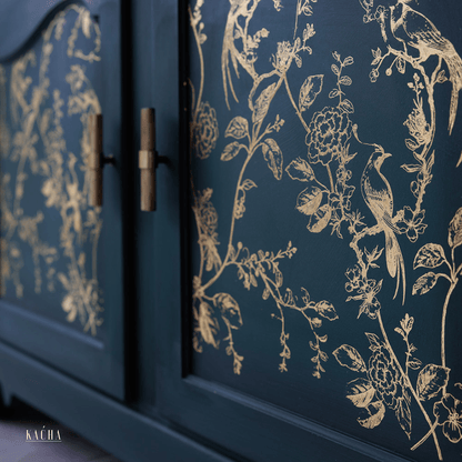 dark painted cabinet with Gold bird and floral furniture transfer