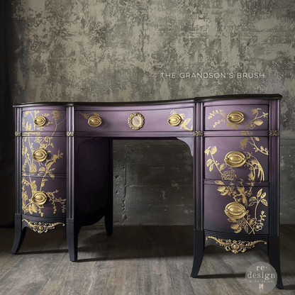 purple painted cabinet with Gold bird and floral furniture transfer