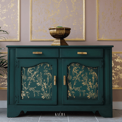 dark painted cabinet with Gold bird and floral furniture transfer