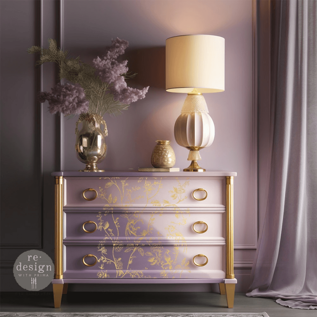 lilac painted cabinet with Gold bird and floral furniture transfer