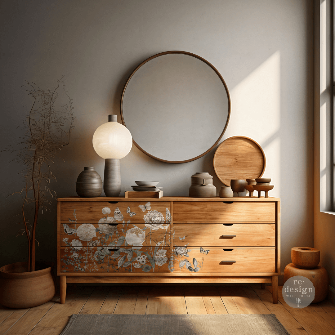 Wooden dresser with floral drawer design in a room with a round mirror and decorative items.