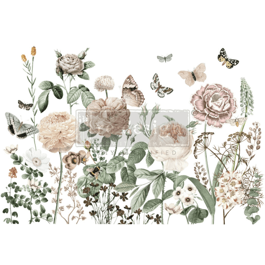 Vintage botanical furniture transfer with pink flowers and butterflies.