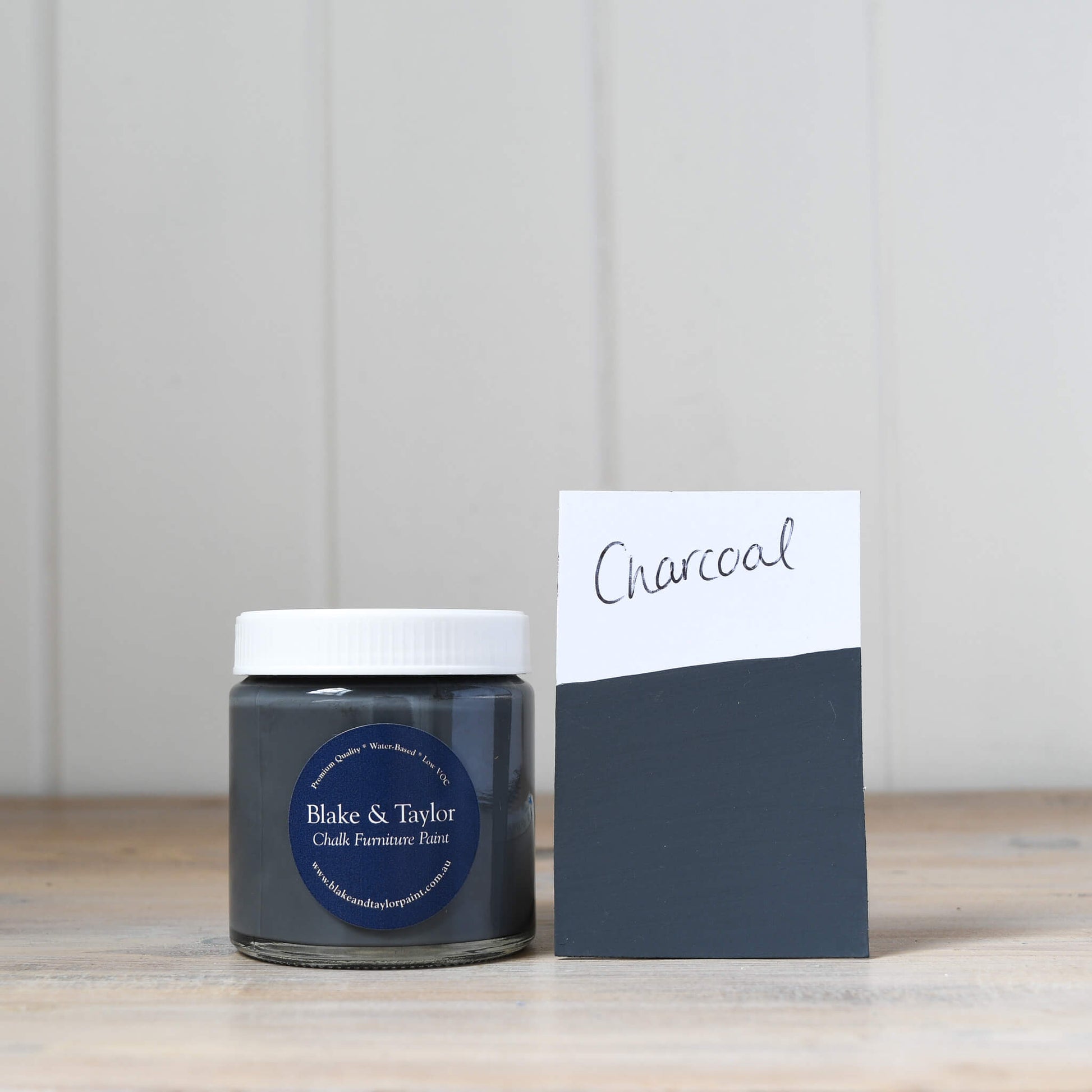 150ml pot and colour swatch of Charcoal Blake & Taylor Chalk Furniture Paint