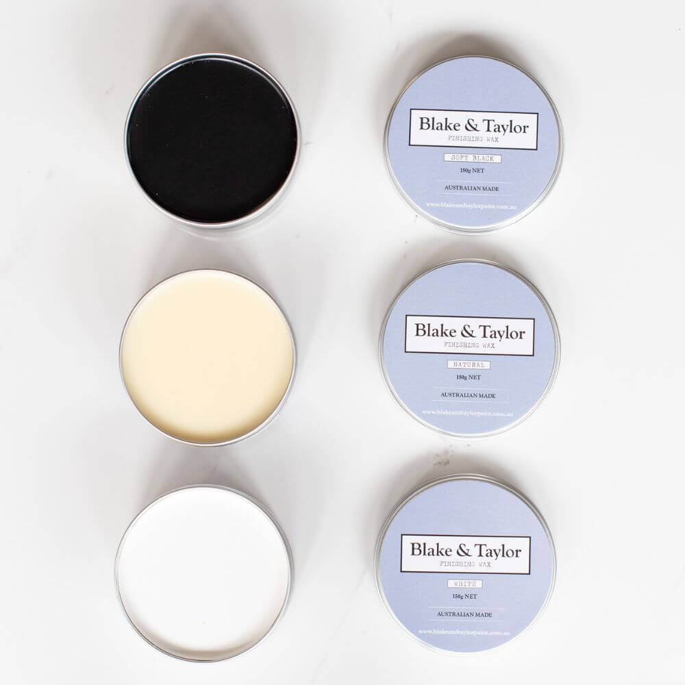 Trio of Blake & Taylor Chalk Furniture Paint waxes in Natural, White and Soft Black with lids