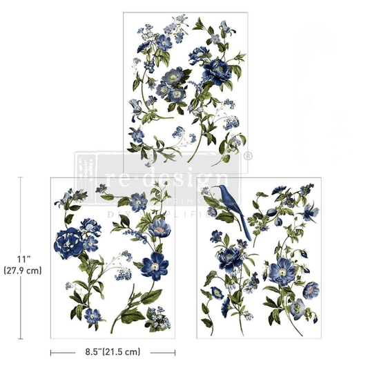 Middy 'Blue Nest Blooms' furniture transfer featuring navy blue flowers and a songbird