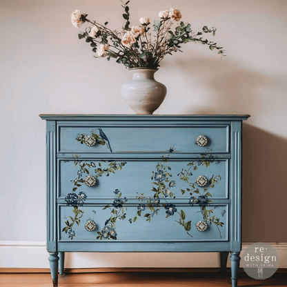 Middy 'Blue Nest Blooms' furniture transfer featuring navy blue flowers and a songbird