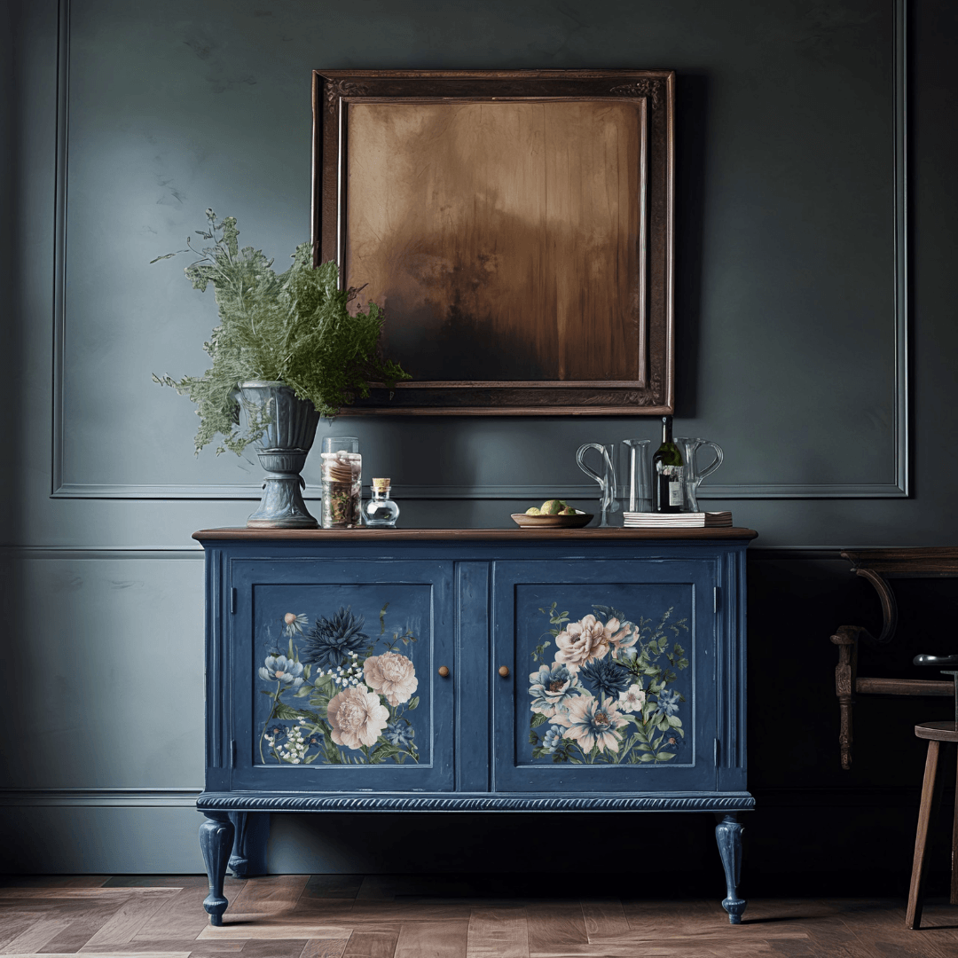 painted cabinet with blue and cream floral furniture transfer