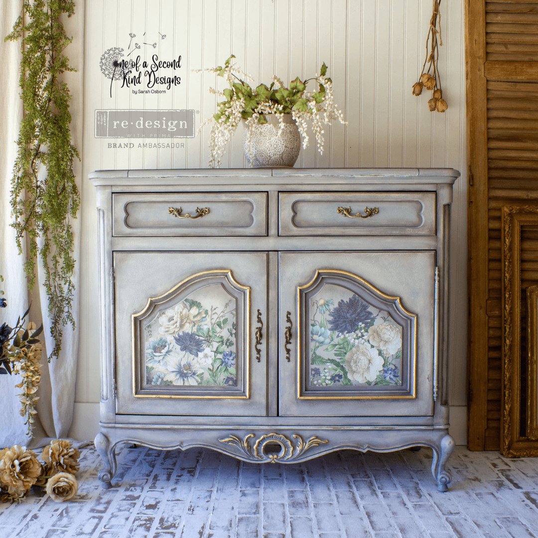painted cabinet with blue and cream floral furniture transfer