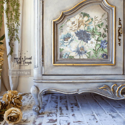 painted cabinet with blue and cream floral furniture transfer