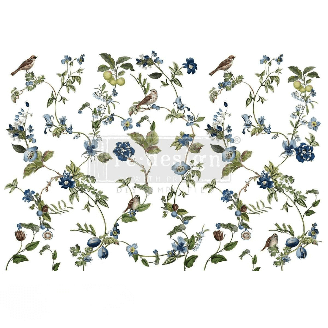 Maxi 'Chirping Charm' furniture transfer featuring songbirds and blue flowers on vines