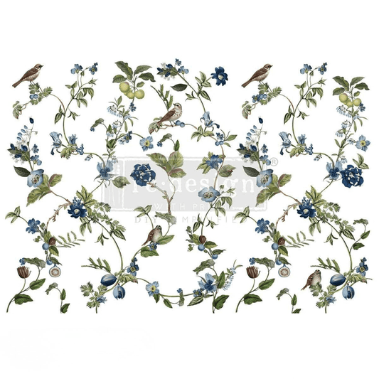 Maxi 'Chirping Charm' furniture transfer featuring songbirds and blue flowers on vines