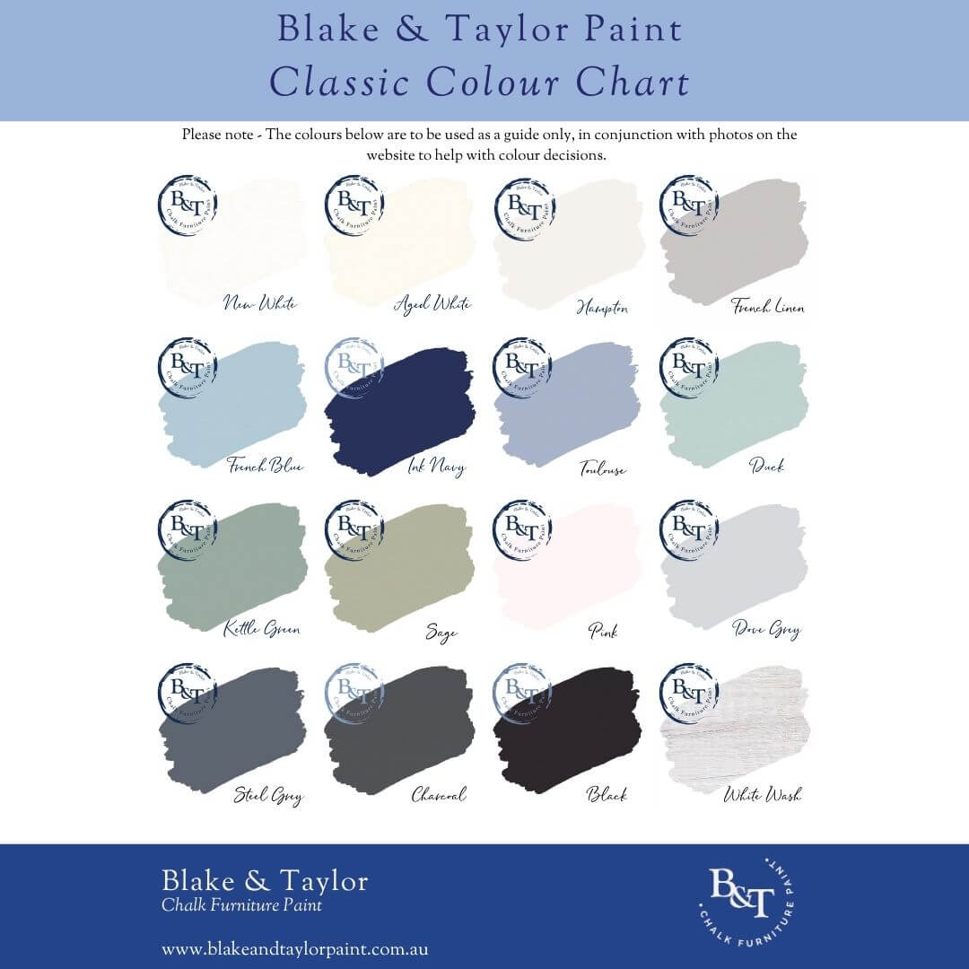 Colour chart showing the classic colours from Blake & Taylor Chalk Furniture Paint