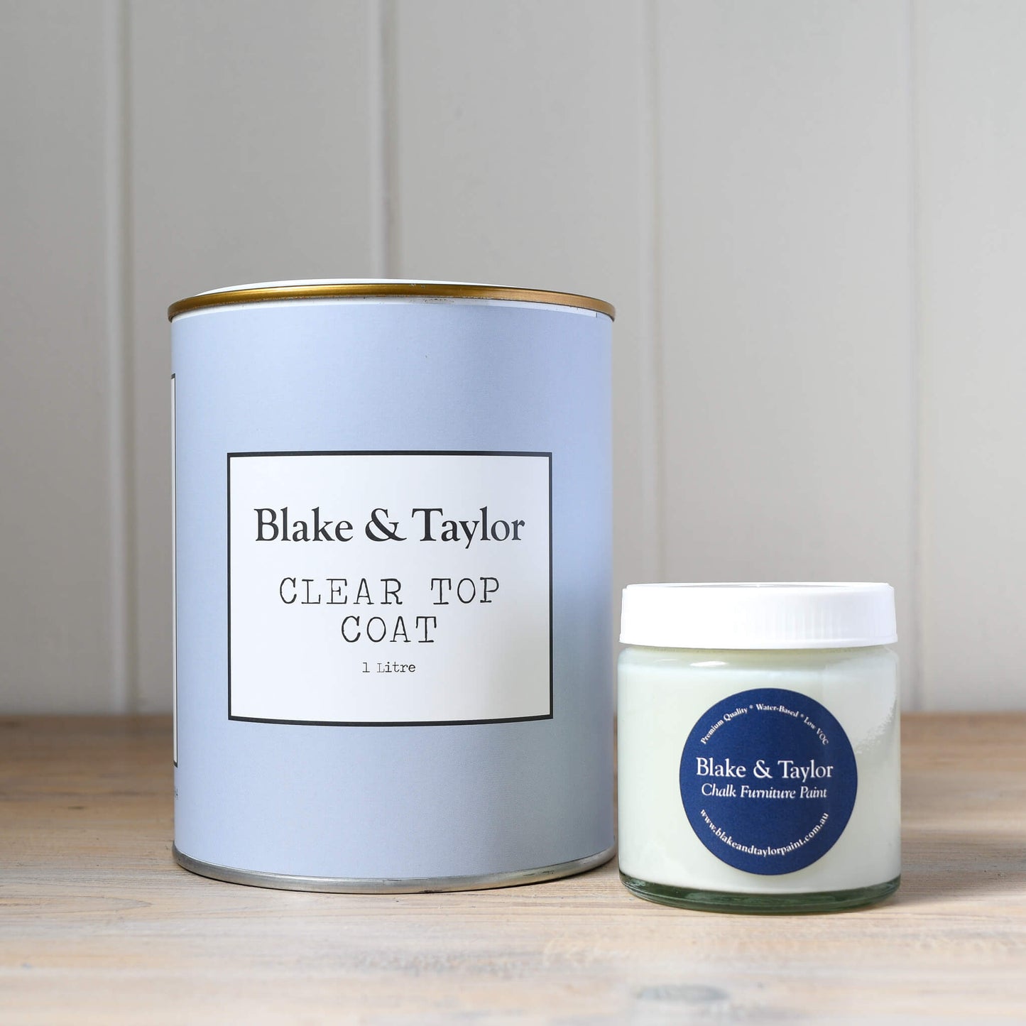 Blake & Taylor Chalk Furniture Paint 1 litre and 120ml pot of Clear Top Coat 