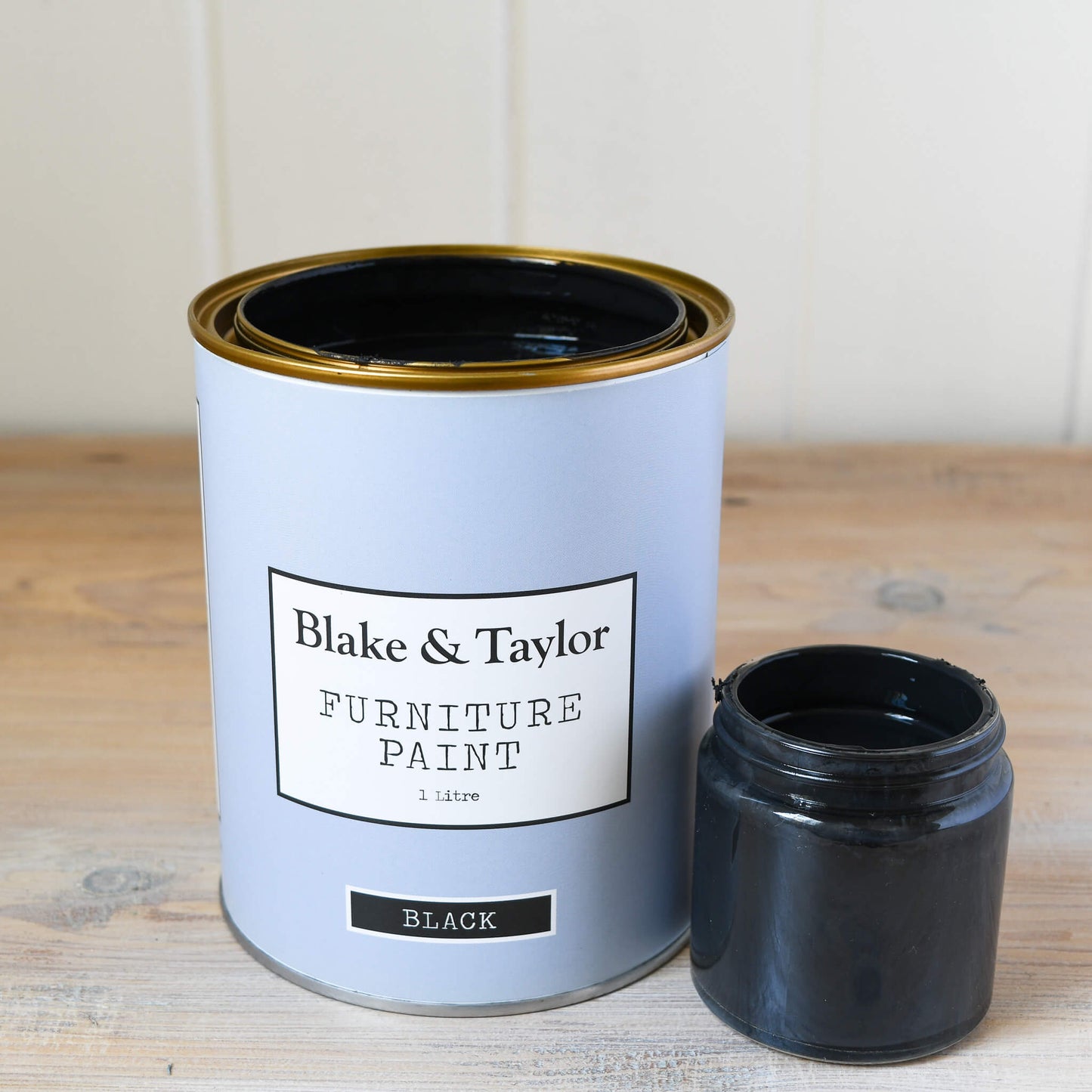 1 litre tin and 120ml pot of Black Blake & Taylor Chalk Furniture Paint