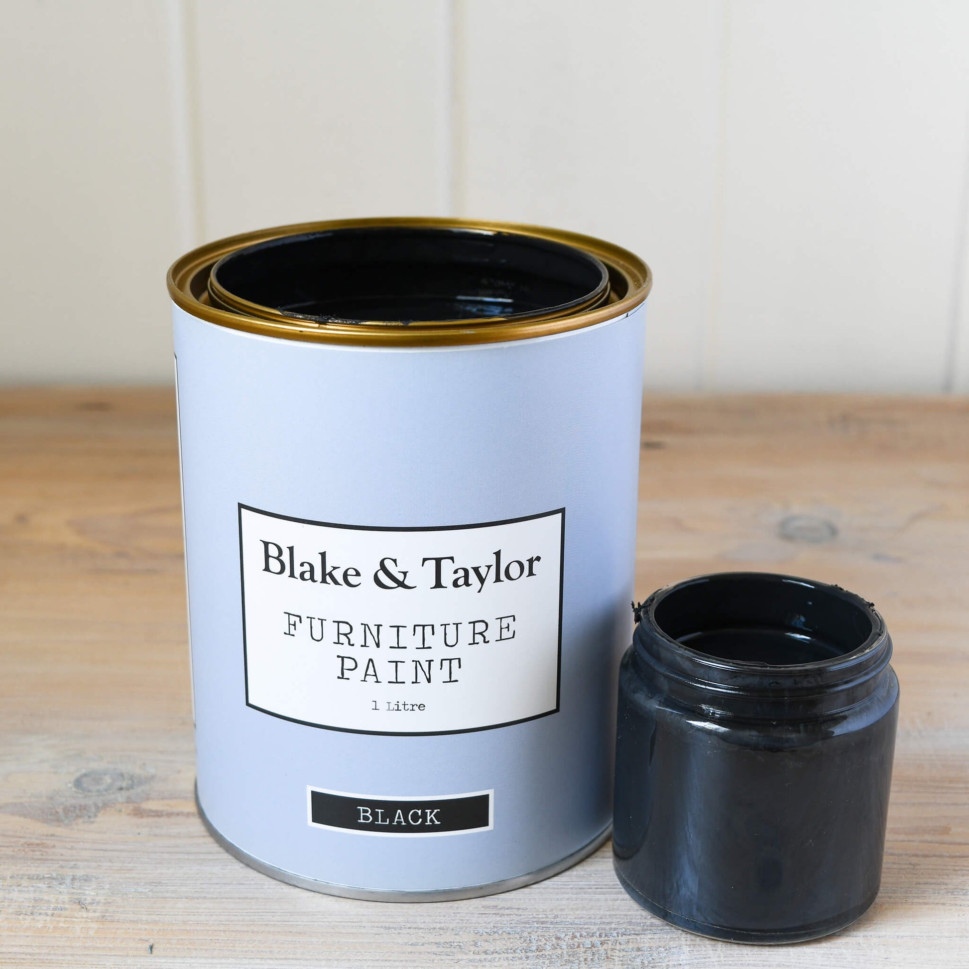 1 litre tin and 120ml pot of Black Blake & Taylor Chalk Furniture Paint