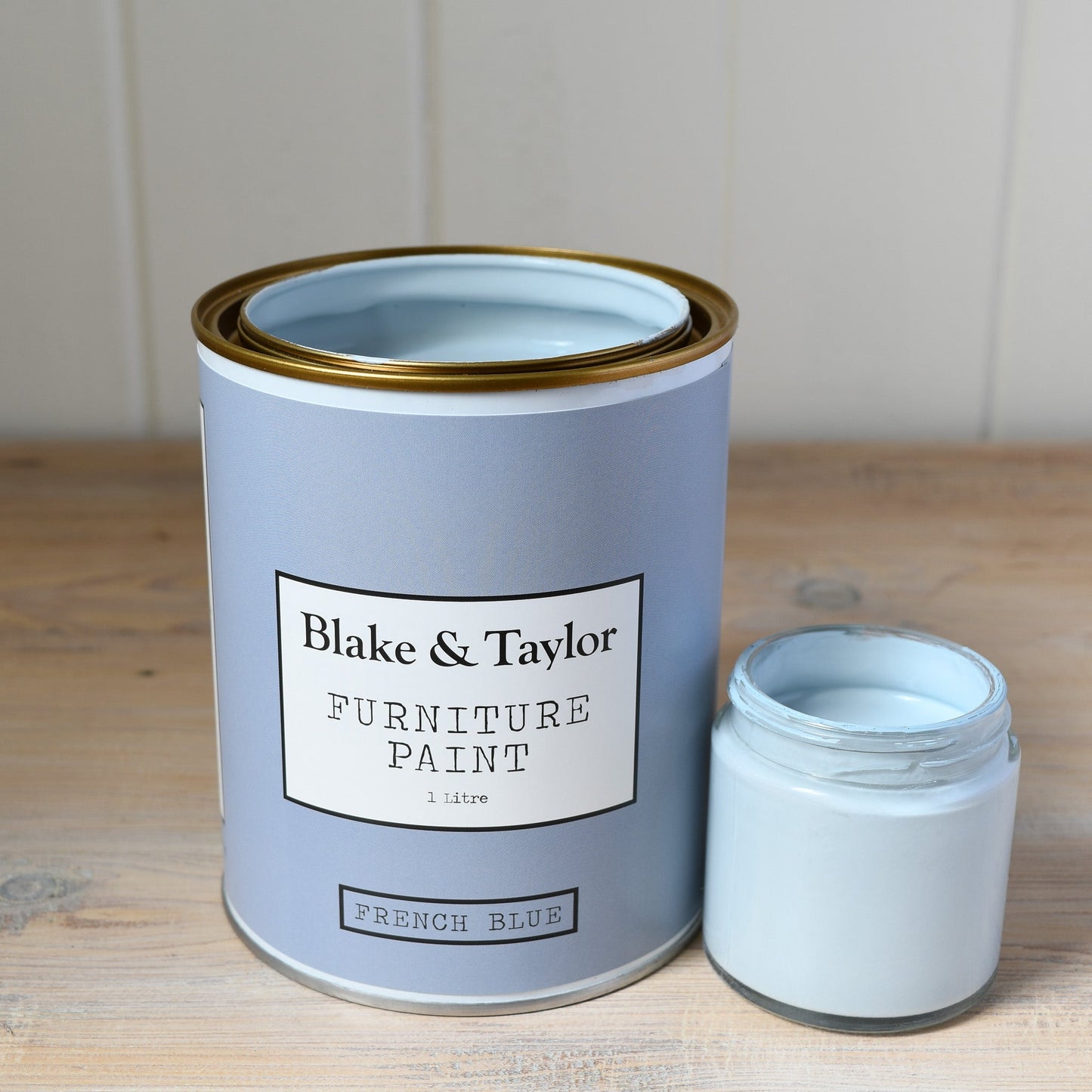 1 litre tin and 120ml pot of Blake & Taylor French BlueChalk Furniture Paint