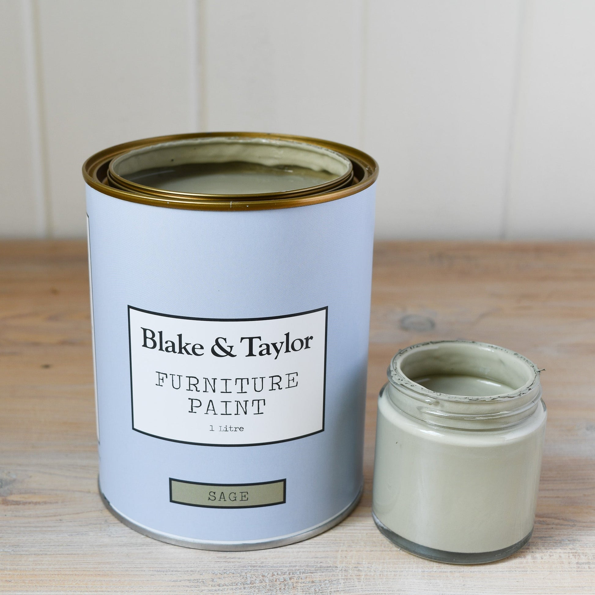 1 litre tin and 120ml pot of Blake & Taylor Sage Chalk Furniture Paint