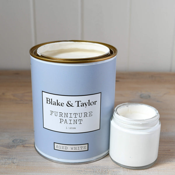 1 litre tin and 120ml pot of Aged White Blake & Taylor Chalk Furniture Paint