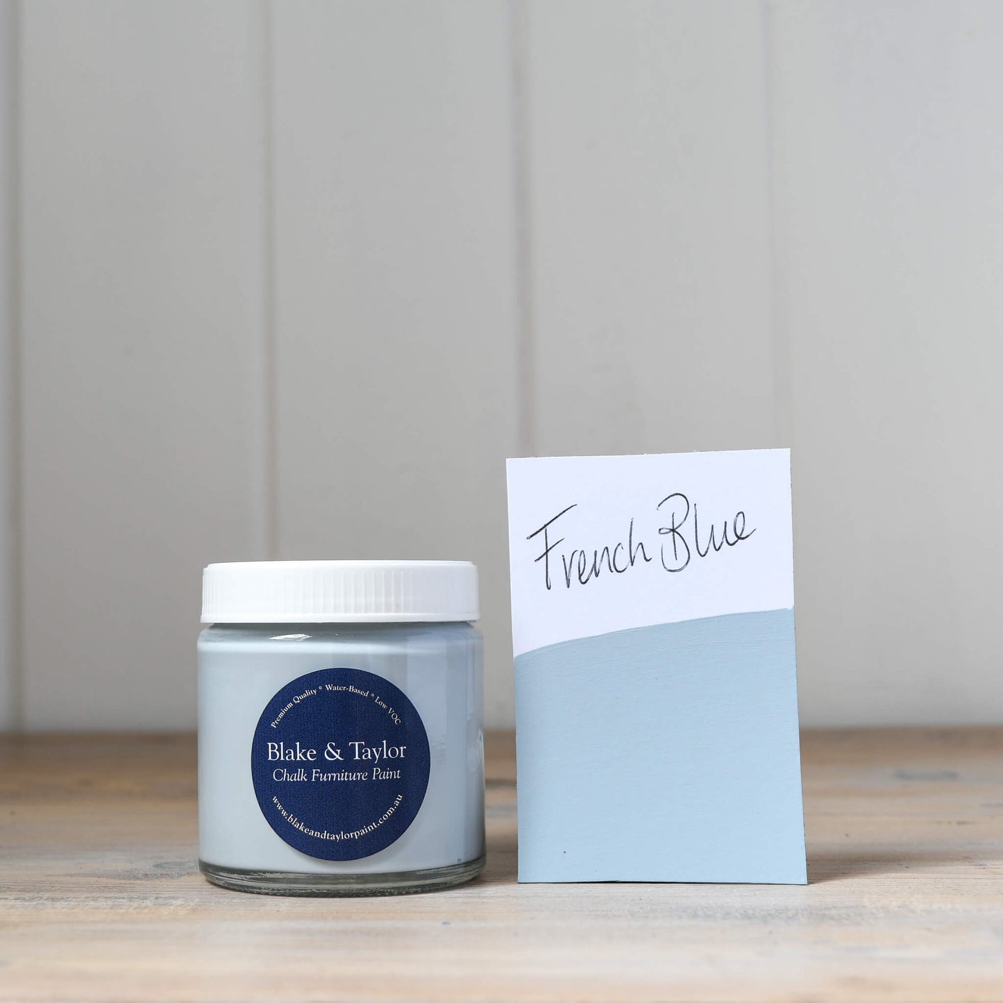 120ml pot and colour swatch of Blake & Taylor French Blue Chalk Furniture Paint