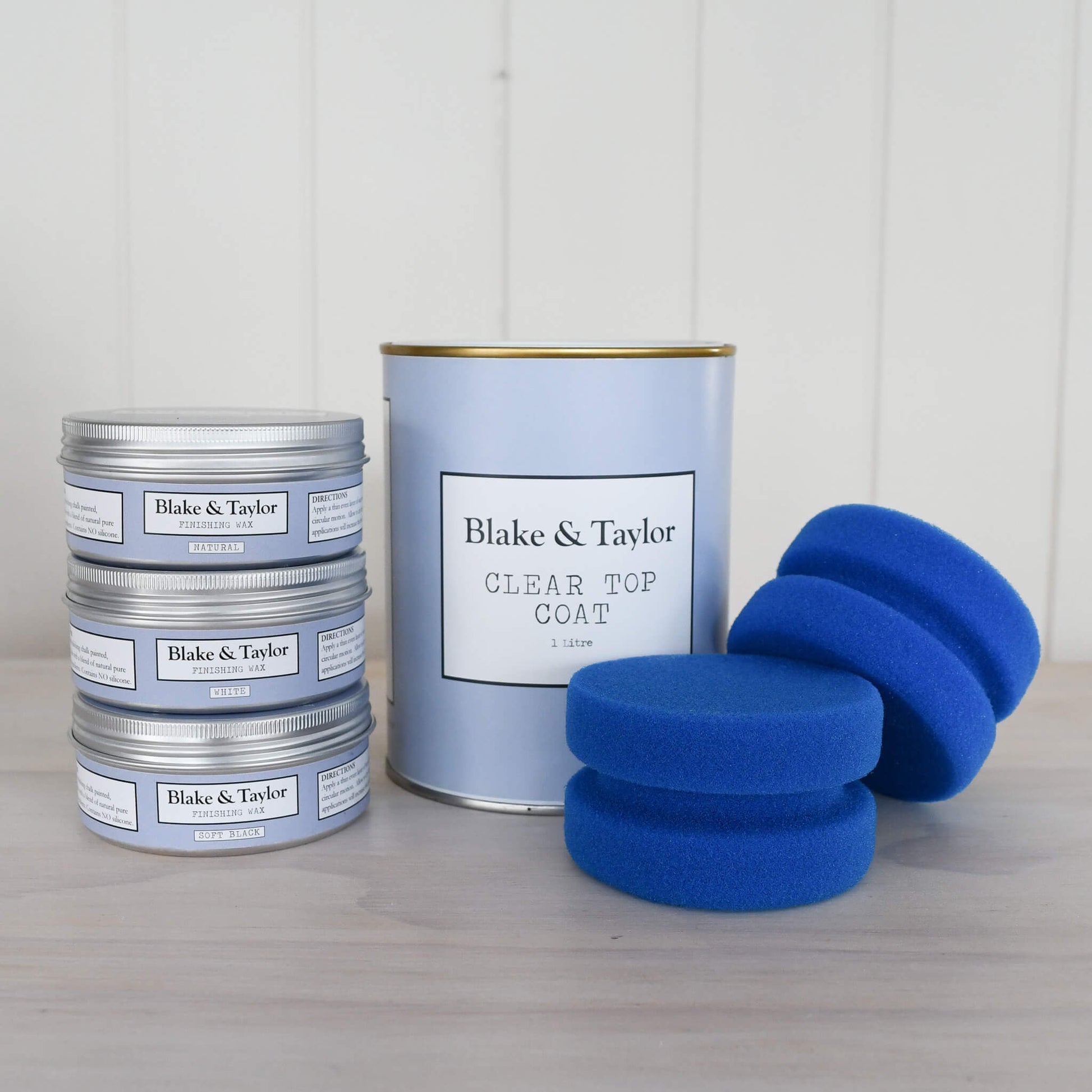Blake & Taylor Chalk Furniture Paint Sponge applicators with a tin of Clear Top Coat and waxes
