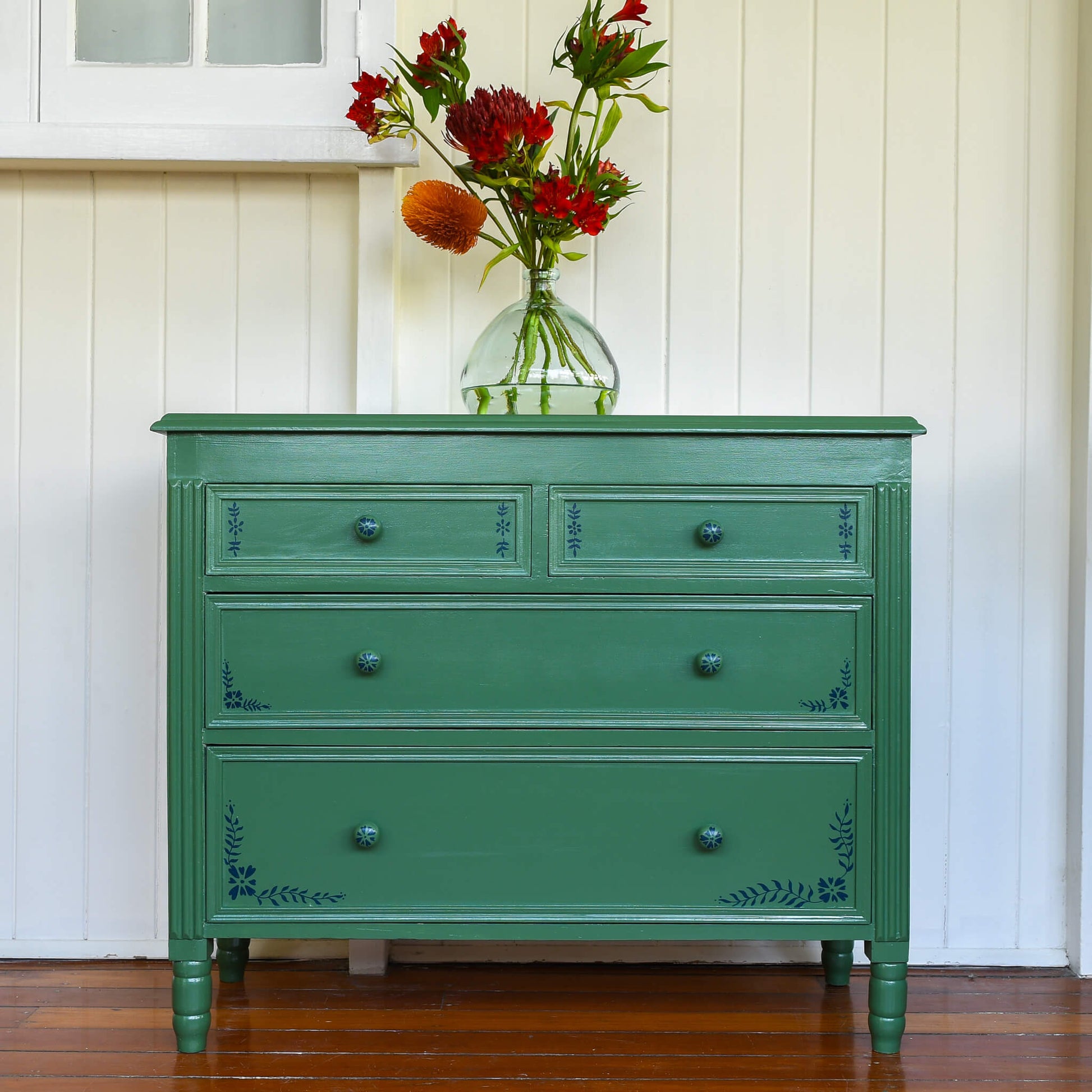 Vintage chest of drawers painted with Blake & Taylor Forest Chalk Furniture Paint