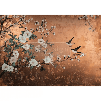 A1 furniture decoupage paper featuring white cherry blossoms and black birds on a metallic-look copper background
