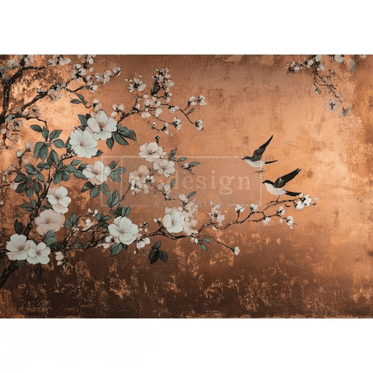 A1 furniture decoupage paper featuring white cherry blossoms and black birds on a metallic-look copper background
