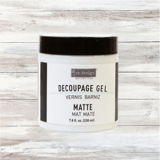230ml jar of Re·design with Prima Decoupage Gel in Matte Finish. Clear adhesive and topcoat for furniture upcycling and paper crafts.