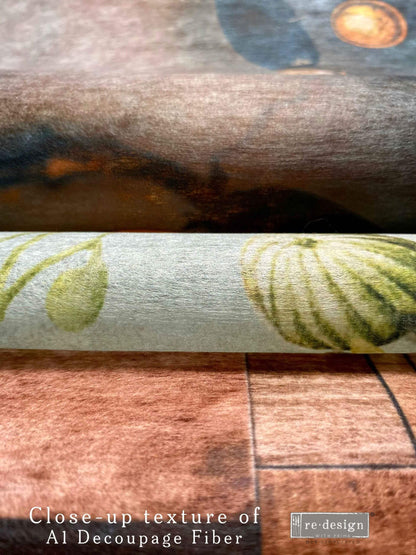Close-up of Al Decoupage Fiber with natural wood texture and floral pattern.