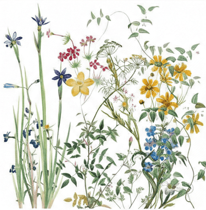 Illustration of various wildflowers and plants on a white background