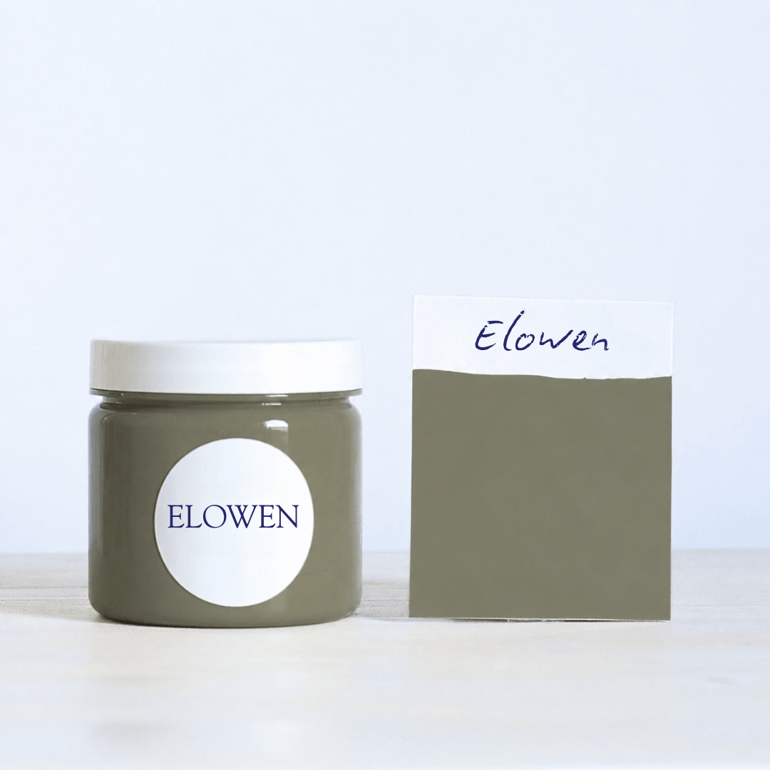 Green jar with 'Elowen' label and color swatch on a white background