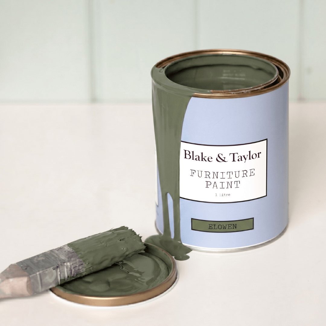 Blake & Taylor paint tin with green colour Elowen paint spill