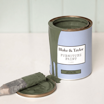 Blake & Taylor paint tin with green colour Elowen paint spill