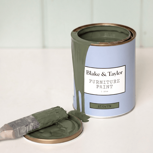 Blake & Taylor paint tin with green colour Elowen paint spill